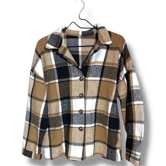 Unbranded Women's Long Sleeve Button Down Tan/Black/White Loose Flannel Shirt - Picture 11 of 15